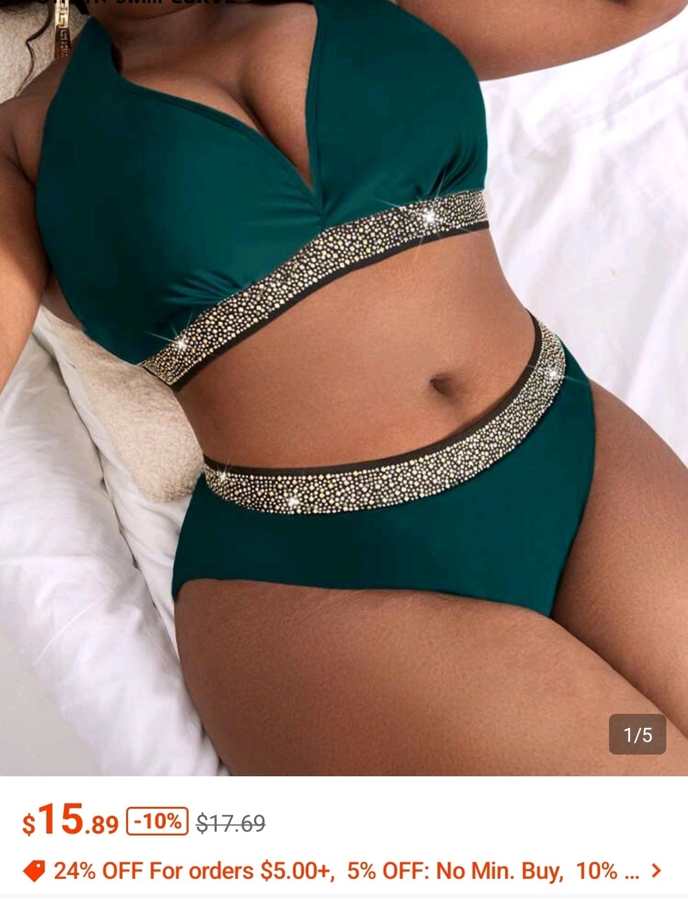 SHEIN Emerald Green Rhinestone-Trim High Waist Bikini
